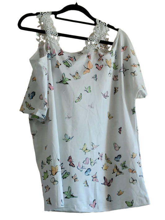 Butterfly Print Cold Shoulder Top with Lace Straps
