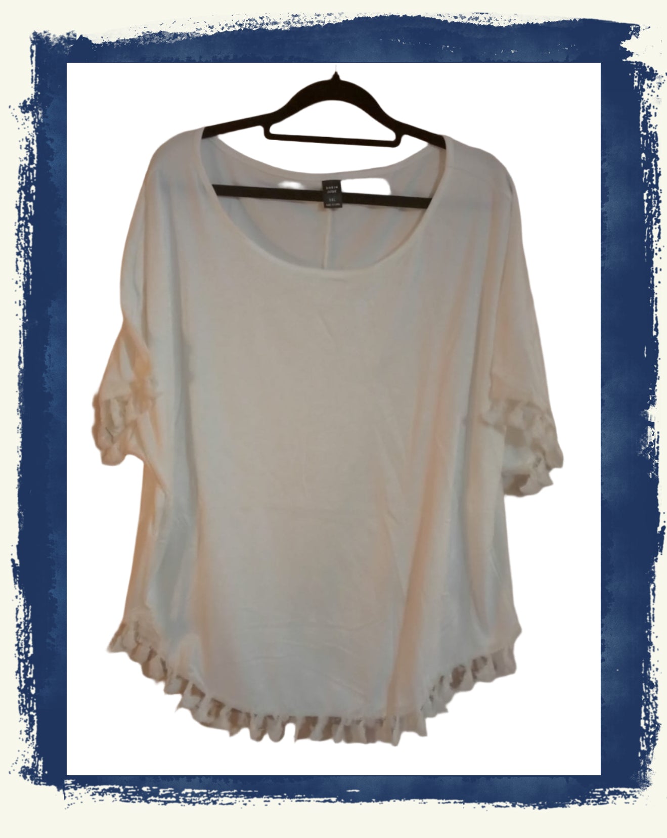 Off White/Cream Top with Tassel Trim on Sleeves and Hemline
