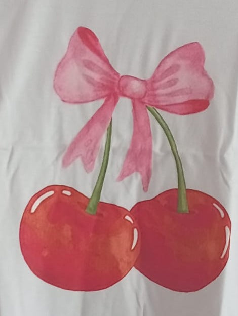 White Short Sleeve T Shirt with Cherry and Bow Print