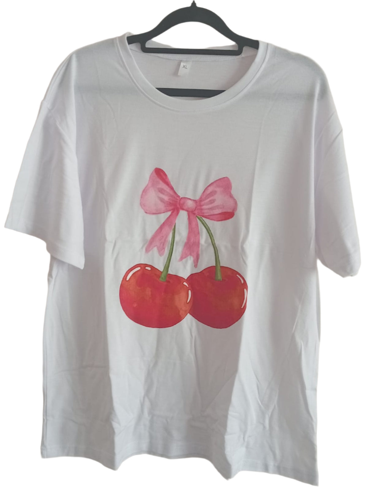 White Short Sleeve T Shirt with Cherry and Bow Print