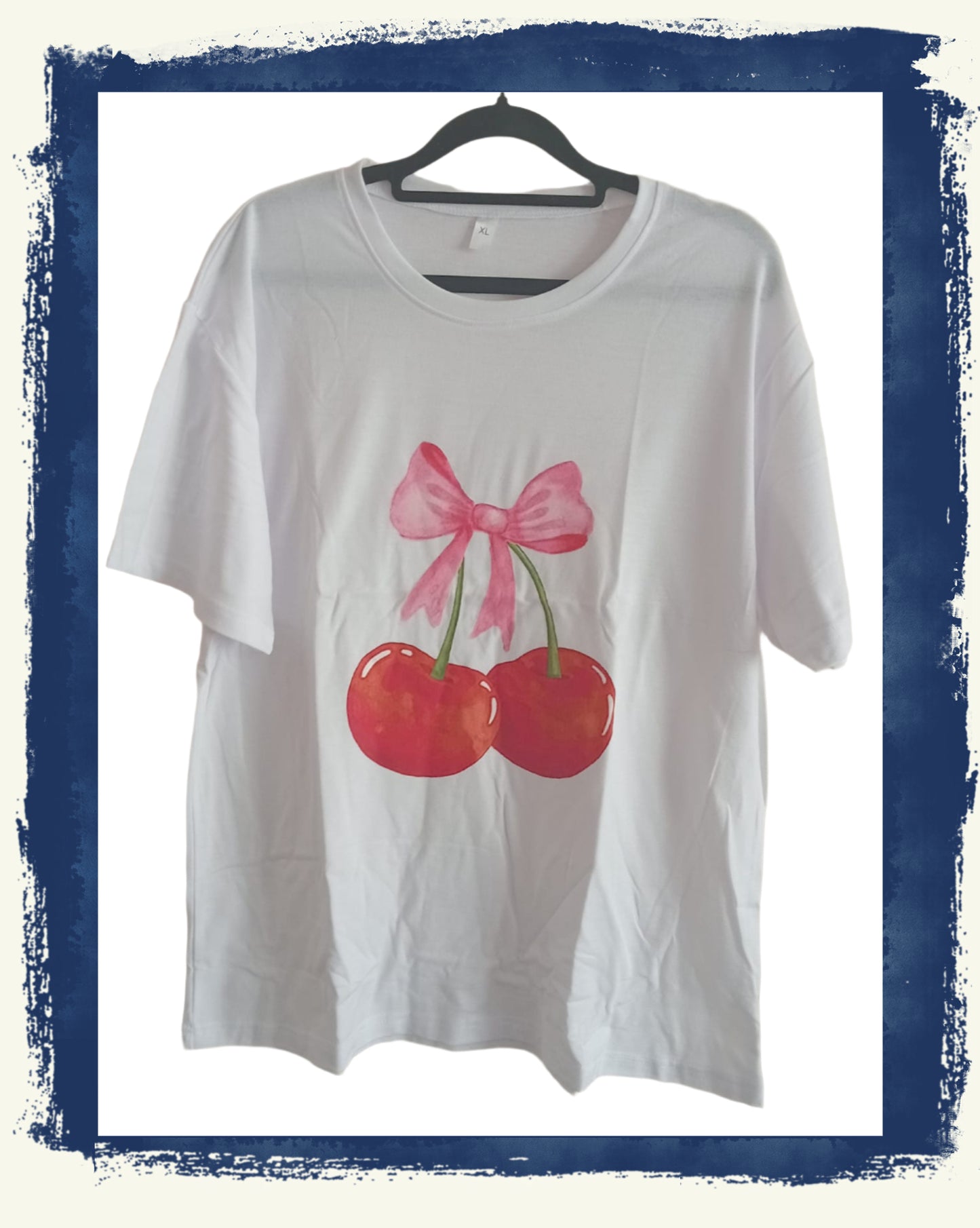 White Short Sleeve T Shirt with Cherry and Bow Print