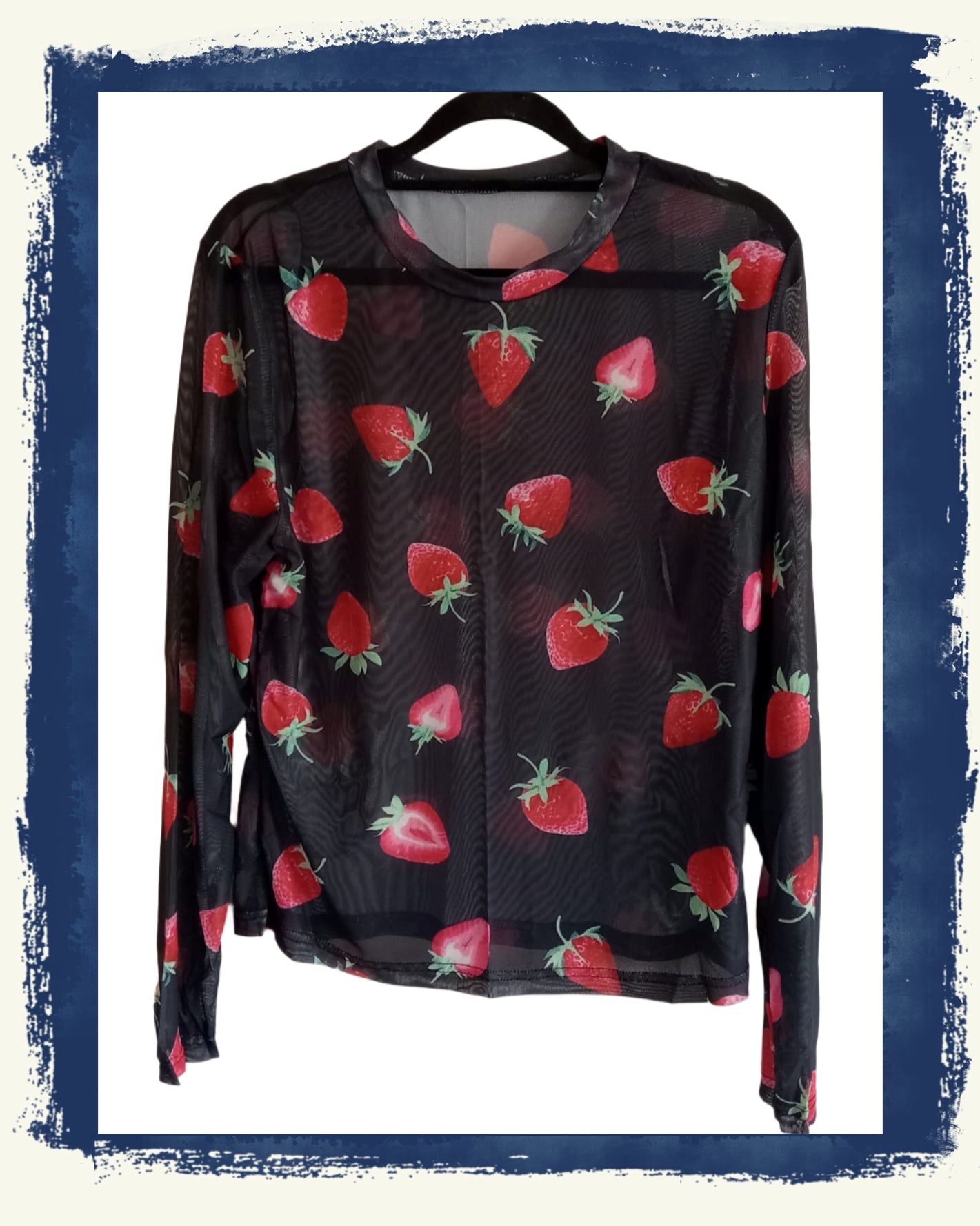 Semi Sheer Black Top with Strawberry Print