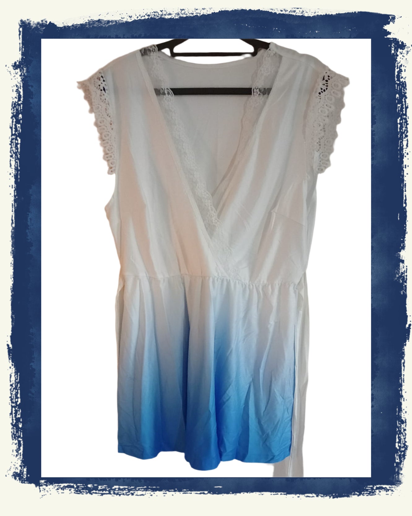 Blue and White Ombre Deep V Neck Top with Lace Trim, Lace Cap Sleeves and Belt