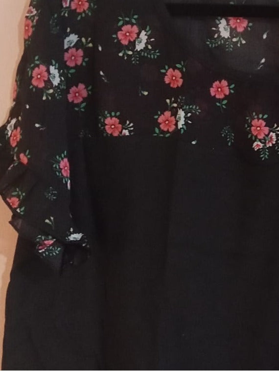 Black Short Sleeve Top with Floral Panel and Frill Sleeves