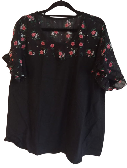 Black Short Sleeve Top with Floral Panel and Frill Sleeves