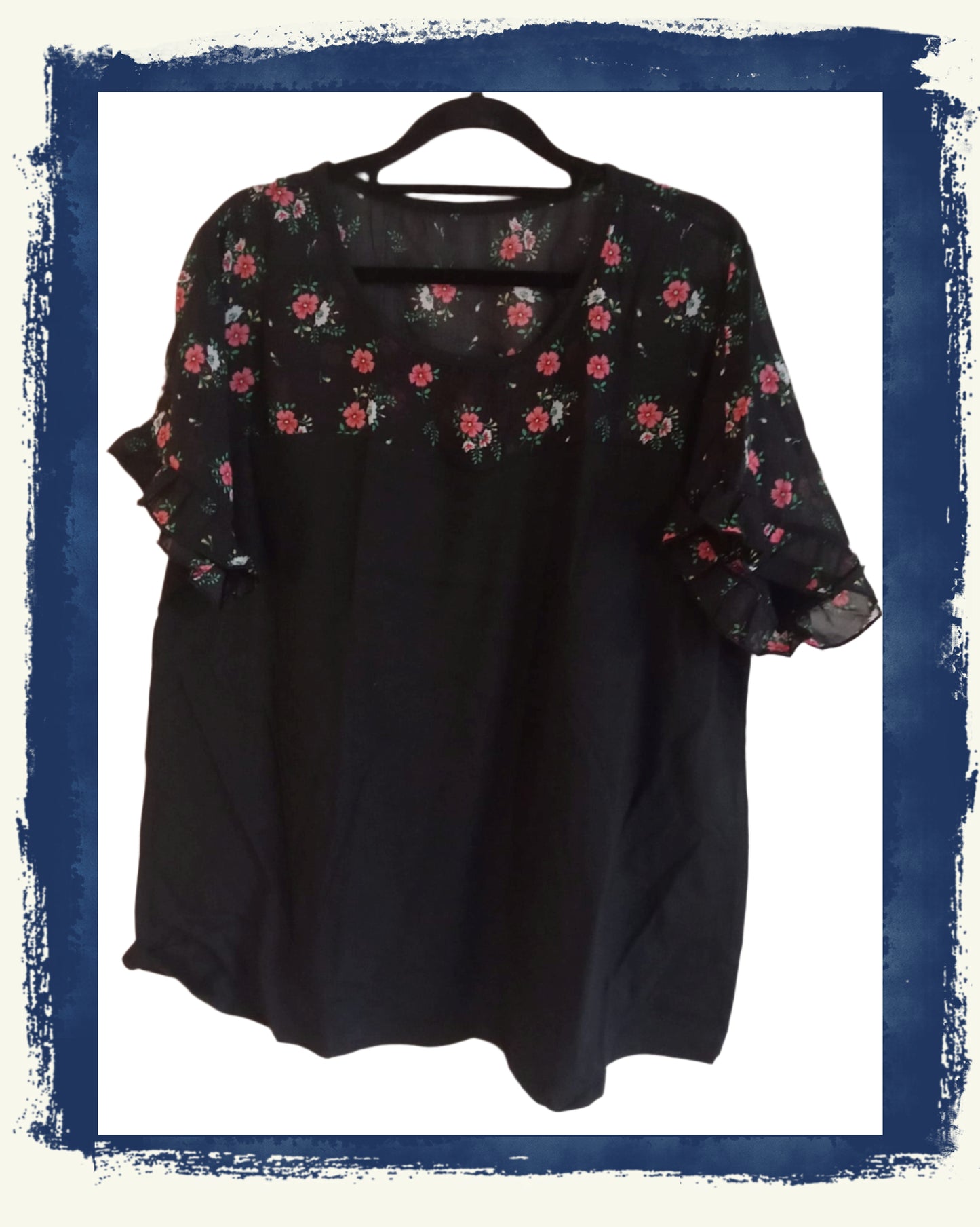 Black Short Sleeve Top with Floral Panel and Frill Sleeves