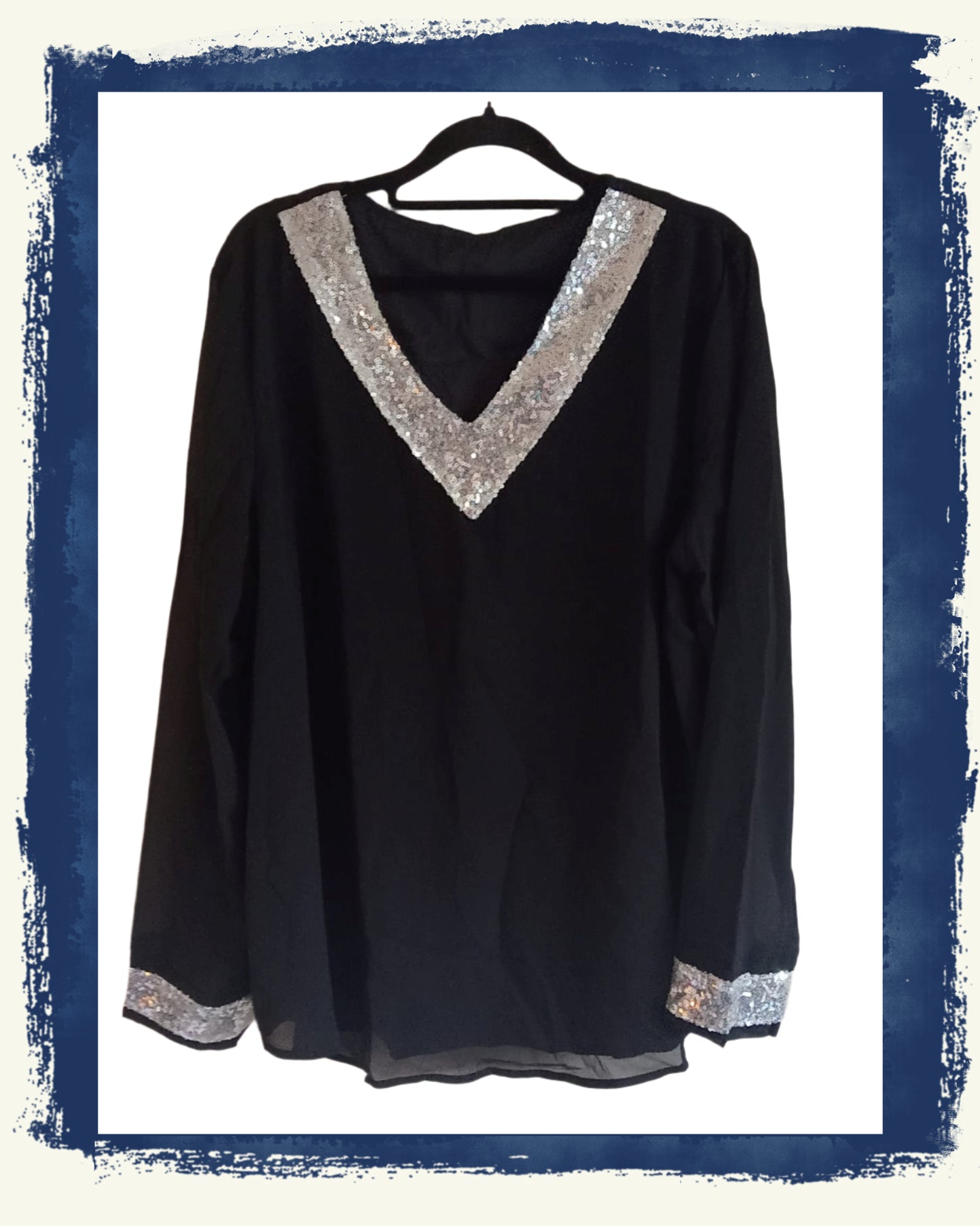 Black Long Sleeve Top with Sequin Neck and Cuff Detail