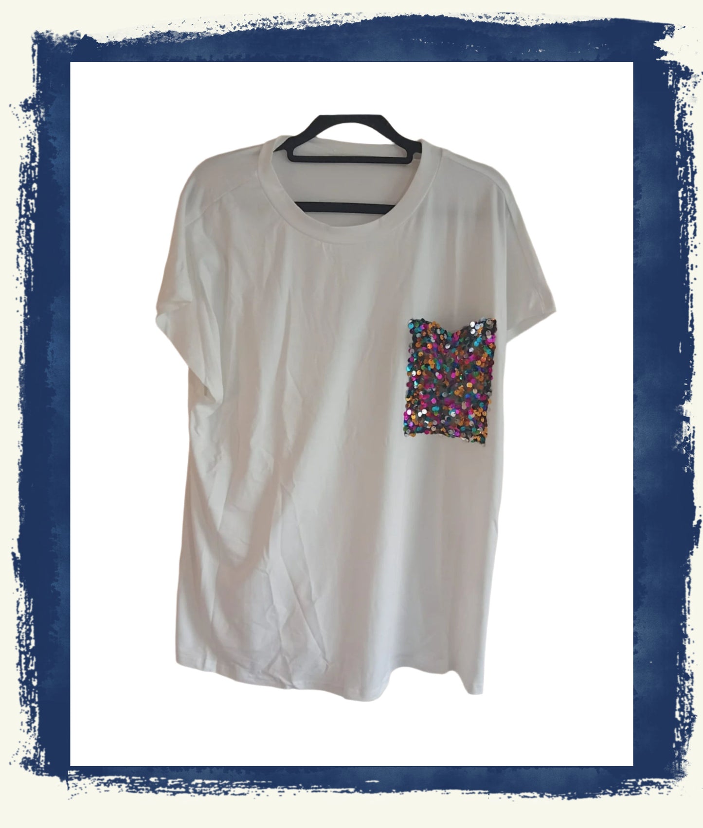 White T-Shirt with Multi Coloured Sequin Pocket Detail