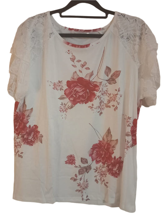 Floral T Shirt with Short Lace Raglan Sleeves