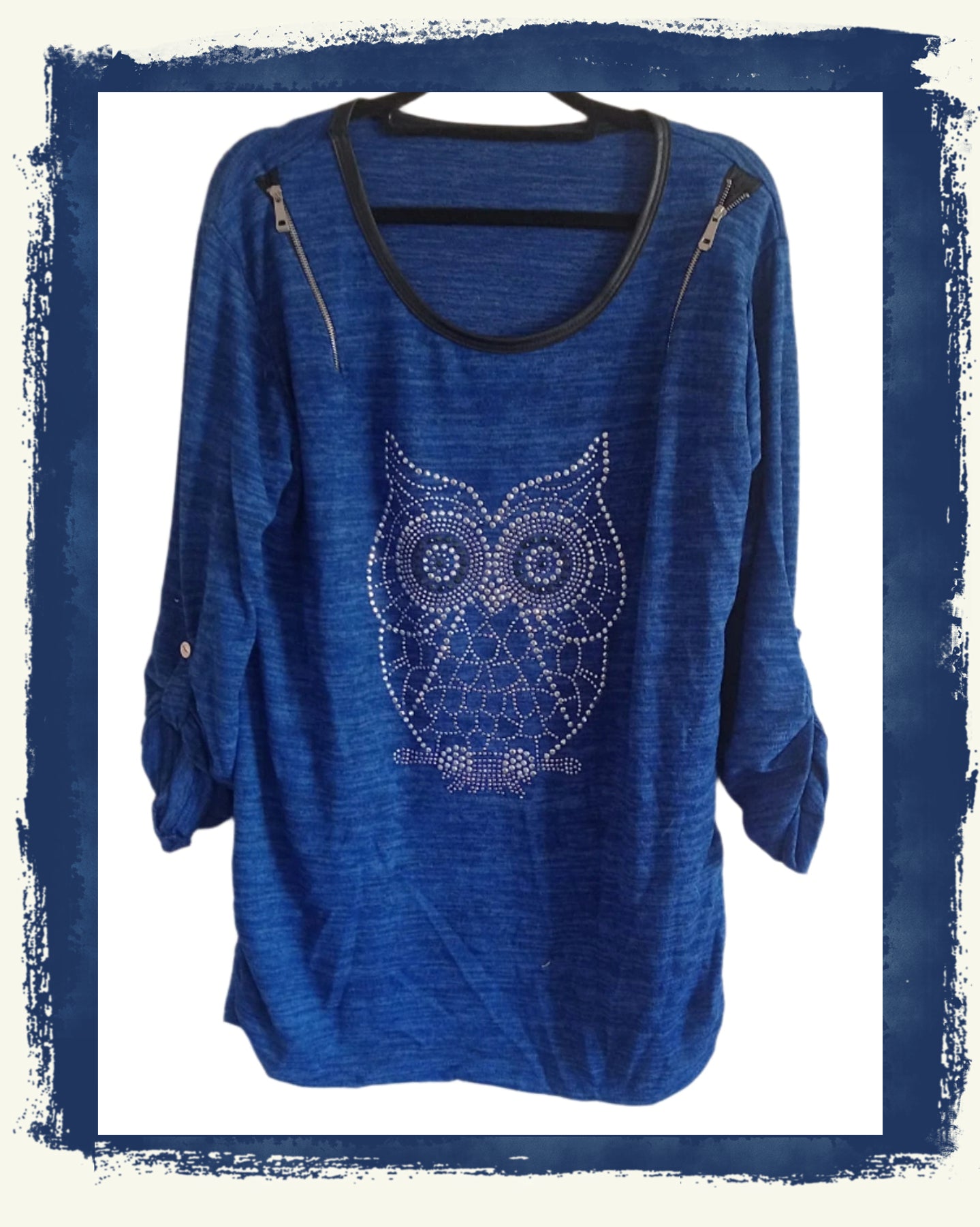 Blue Top with Sparkly Owl Motif and Zip Detail