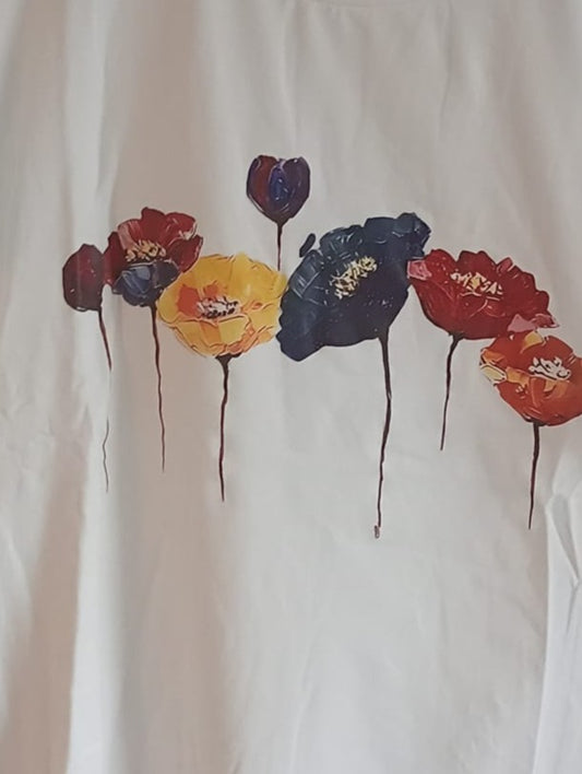 White T-Shirt with Colourful Poppy Design