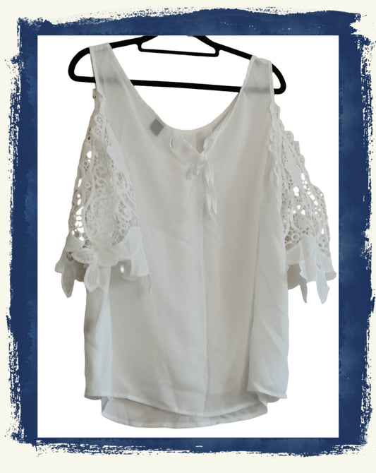 White Cold Shoulder Top with Lace Sleeves