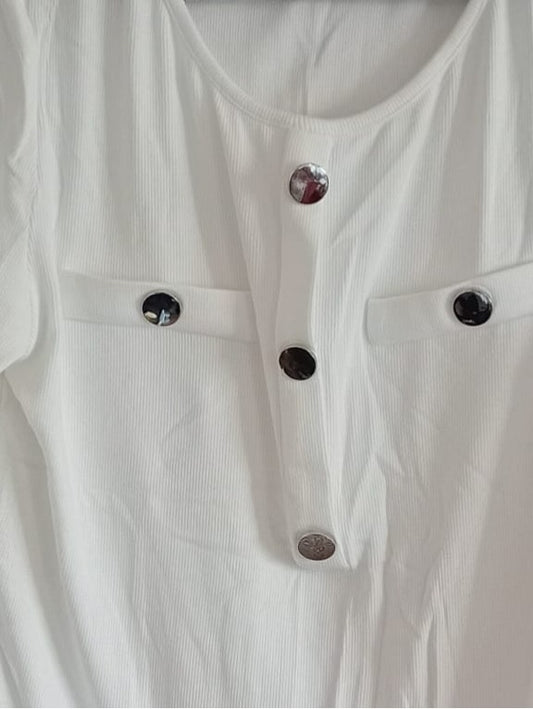 White Long Sleeve Top with Metal Button Detail