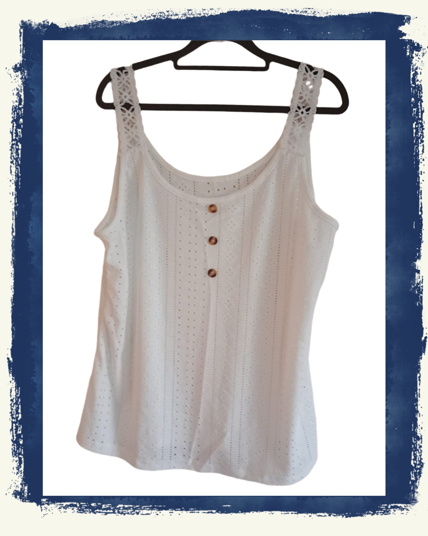 Eyelet Embroidery Vest Top with Lace Straps and Button Detail