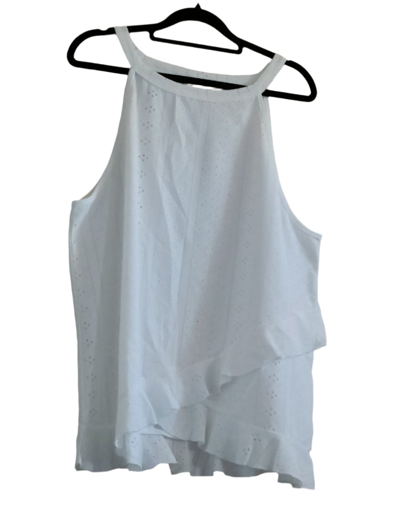 White Eyelet Embroidery Strappy Sleeveless Top with Layered Frill Hem