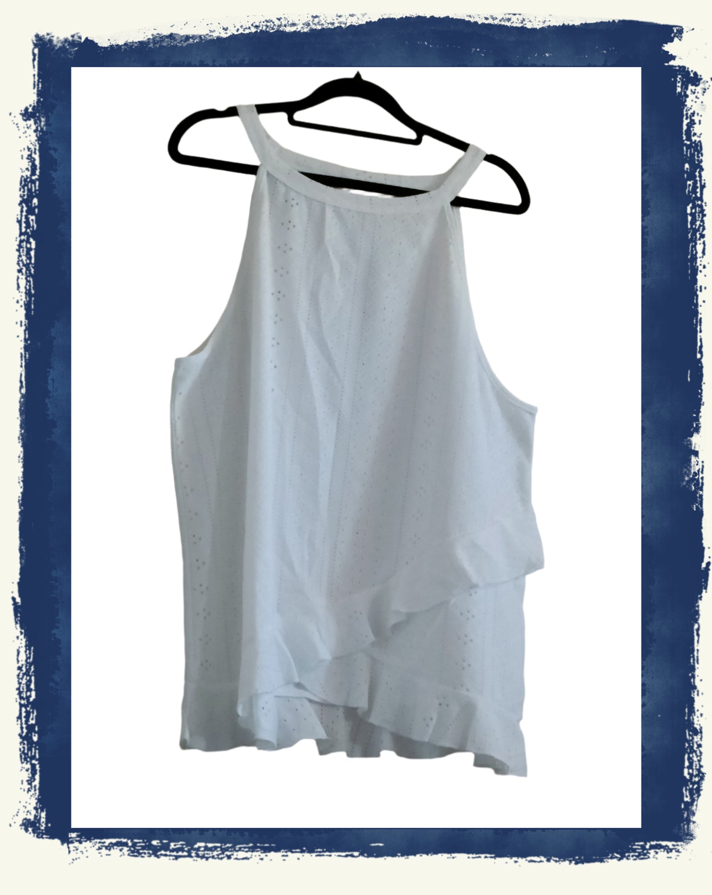 White Eyelet Embroidery Strappy Sleeveless Top with Layered Frill Hem