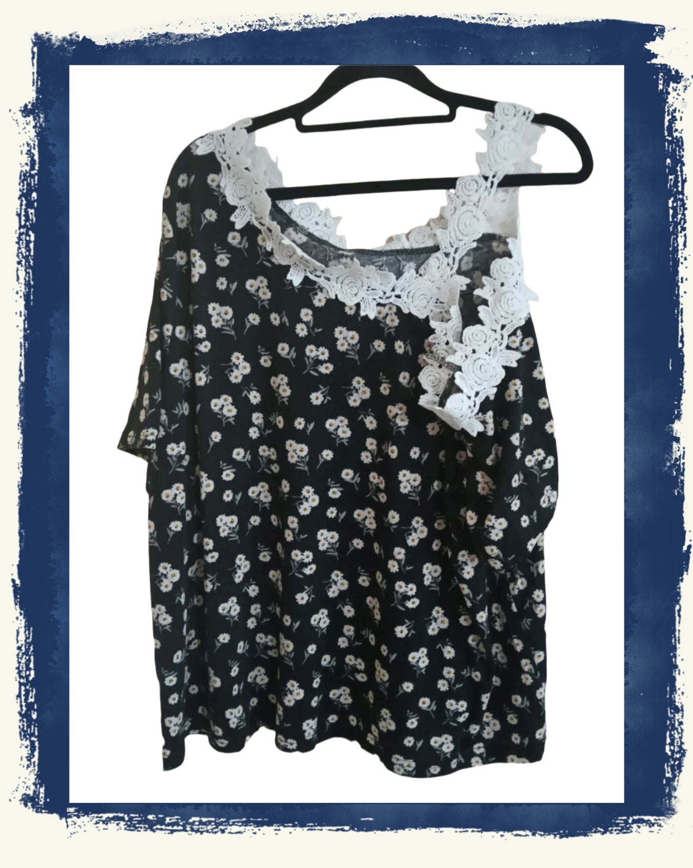 Black Daisy Print Asymmetrical Top with Lace Shoulder Strap and Neckline