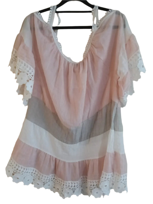 Striped Cold Shoulder Top with Lace Trim