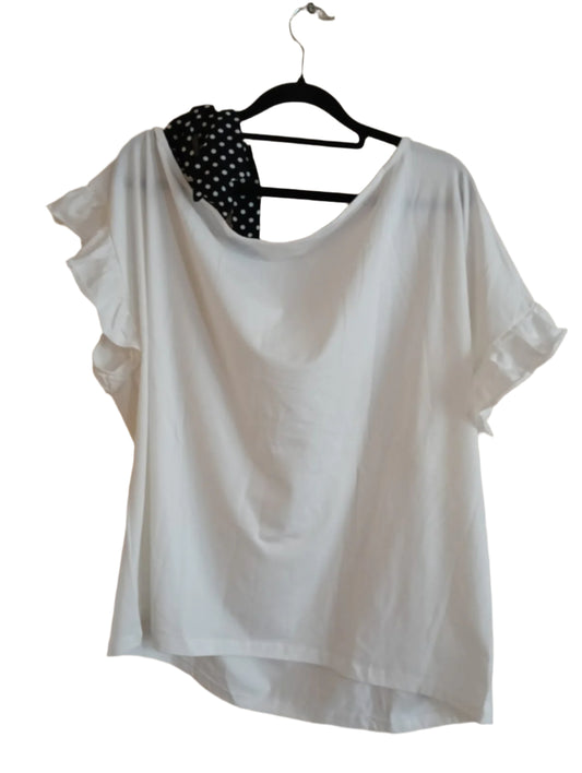 White Slogan T-Shirt with Polka Dot Shoulder Tie Feature