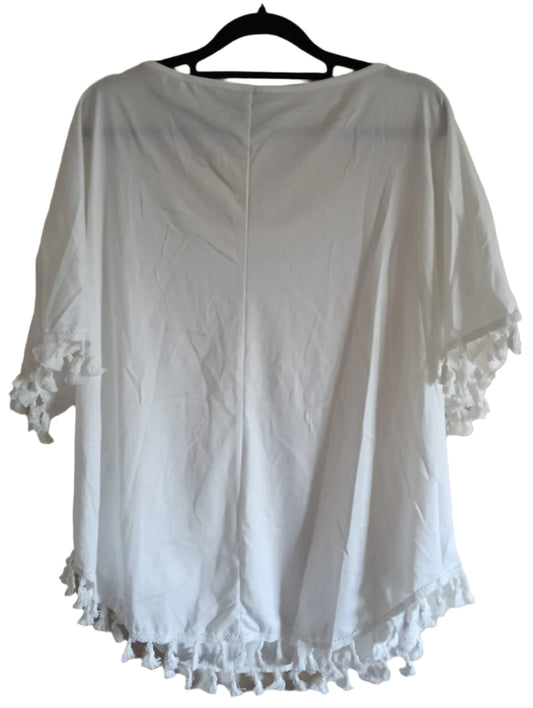 Off White/Cream Top with Tassel Trim on Sleeves and Hemline