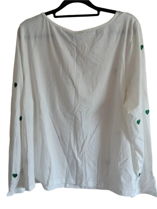 White T Shirt with Embroidered Green Hearts and Lace Trim