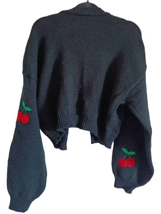 Black Crop Cardigan with Cherry Applique