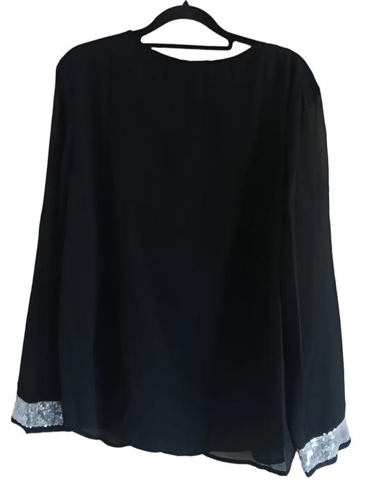 Black Long Sleeve Top with Sequin Neck and Cuff Detail