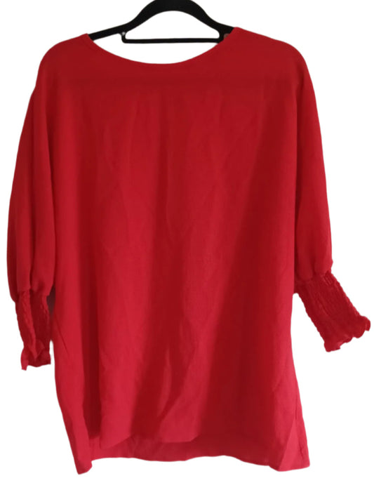 Red Long Sleeve Blouse with Shirred Elasticated Cuffs