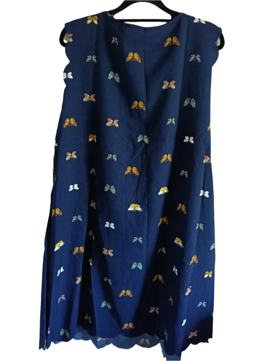 Navy Butterfly Print Dress with Scalloped Hem
