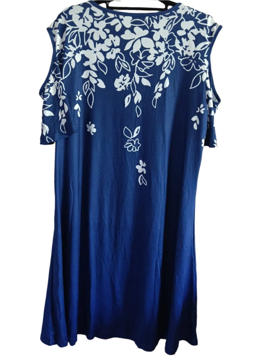 Navy and White Cold Shoulder Dress with Floral Pattern