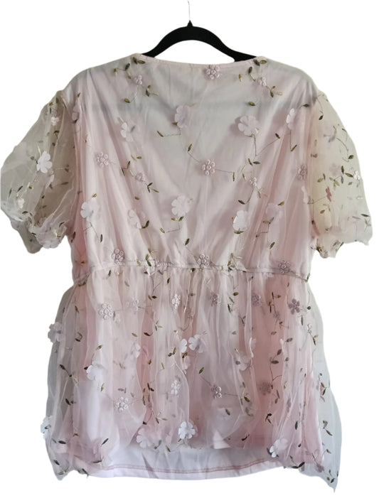 Pink Peplum Top with Floral Lace Overlay