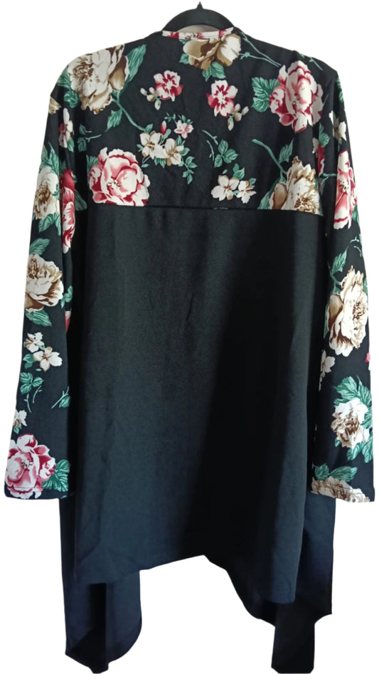 Long Black Waterfall Jacket/Cardigan with Floral Panel and Sleeves