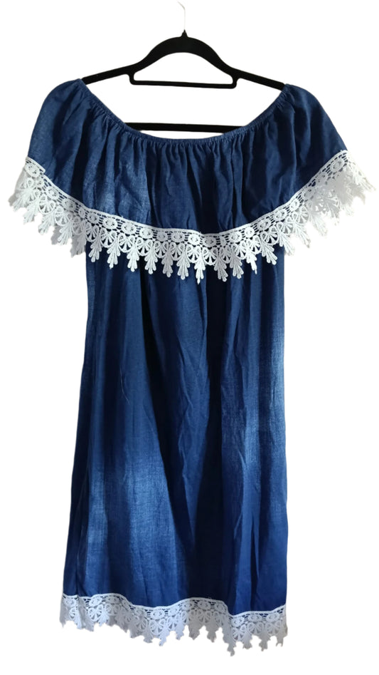 Denim Coloured Off the Shoulder Dress with Frill Neckline and Hem