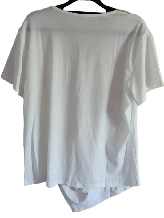 White Top with Gold Lace Trim V Neck and Asymmetric Hemline