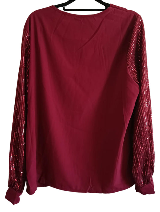 Red V Neck Top with Long Sequin Sleeves