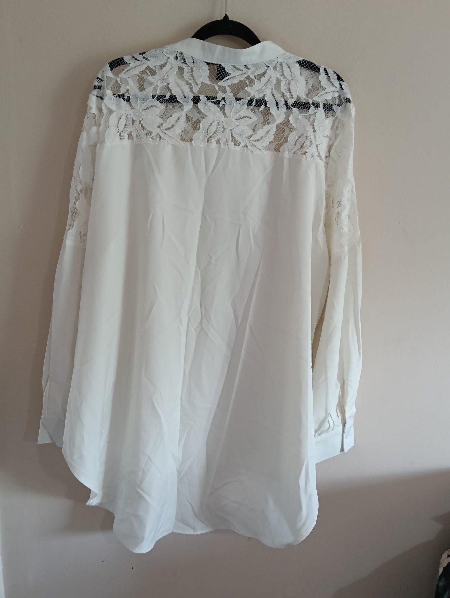 Off White Collarless Shirt with Sheer Lace Panel