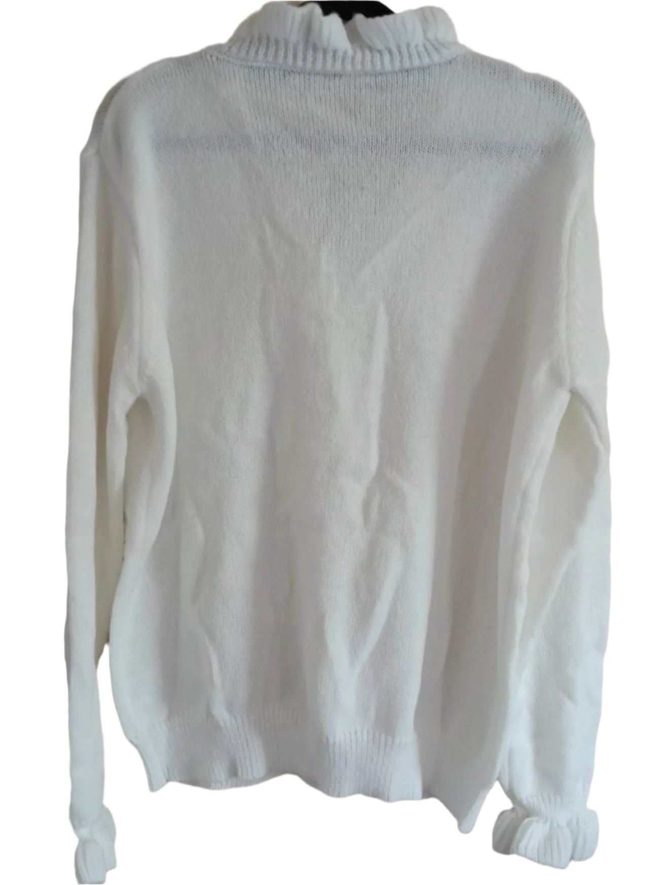 Off White Jumper with Ruffle Neck and Faux Pearl Button Detail