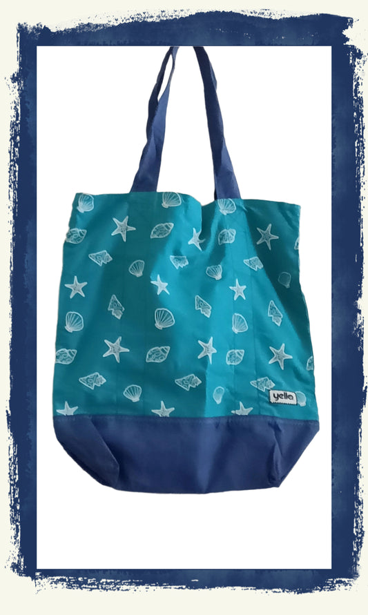Green and Blue Beach Bag with Shell Design