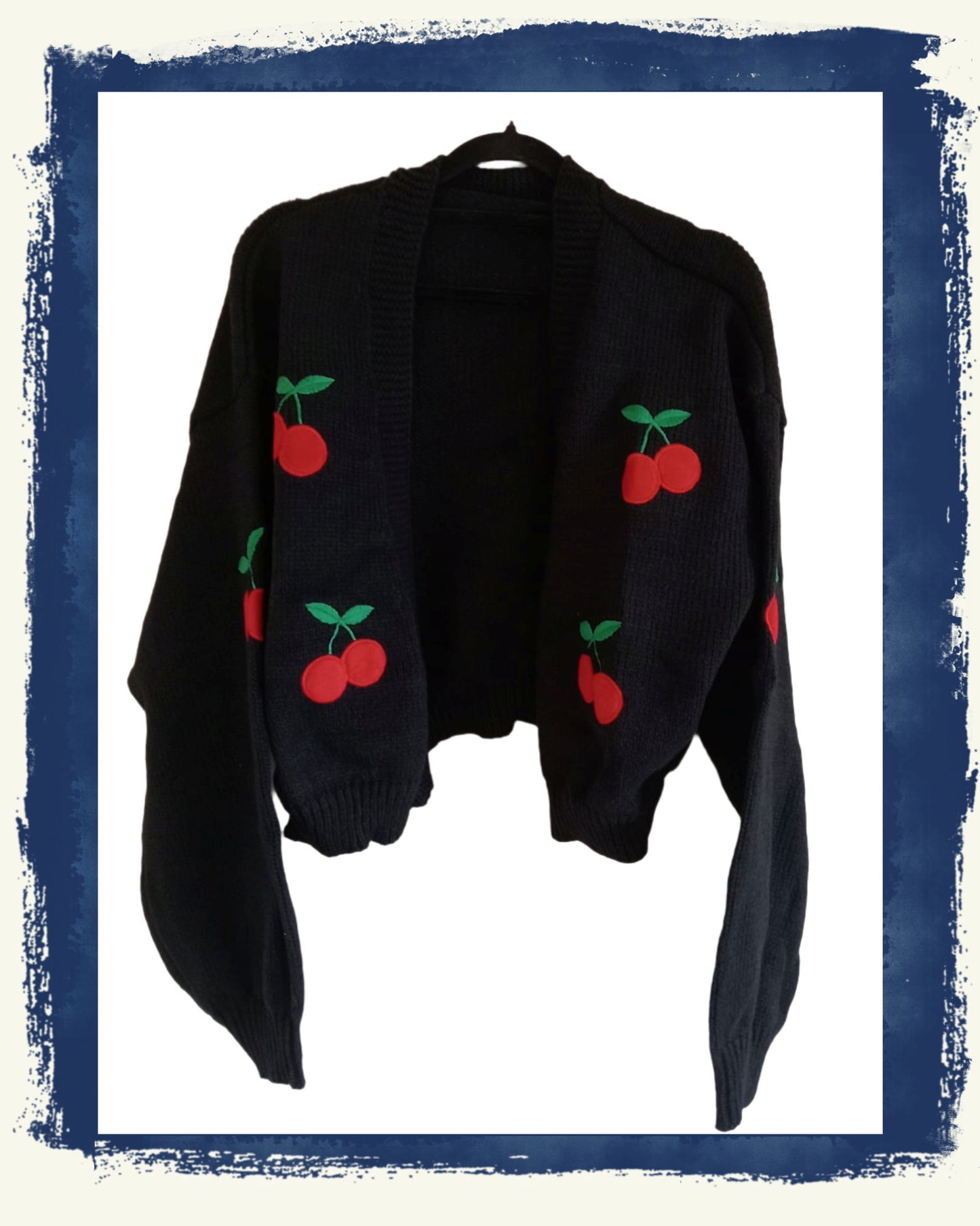 Black Crop Cardigan with Cherry Applique