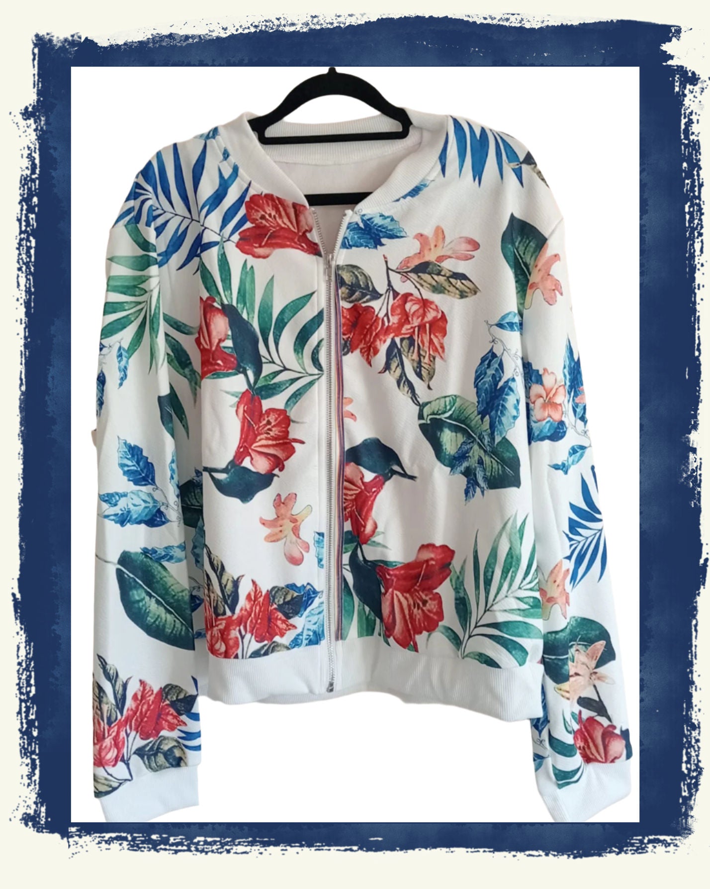 Tropical Flower Print Bomber Style Jacket
