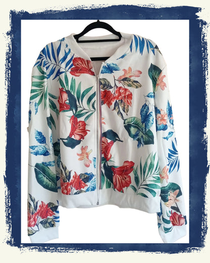 Tropical Flower Print Bomber Style Jacket