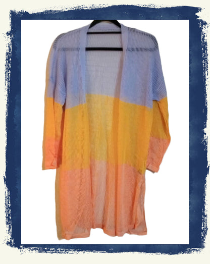 Multi Colour Block Stripe Open Knit Long Cardigan