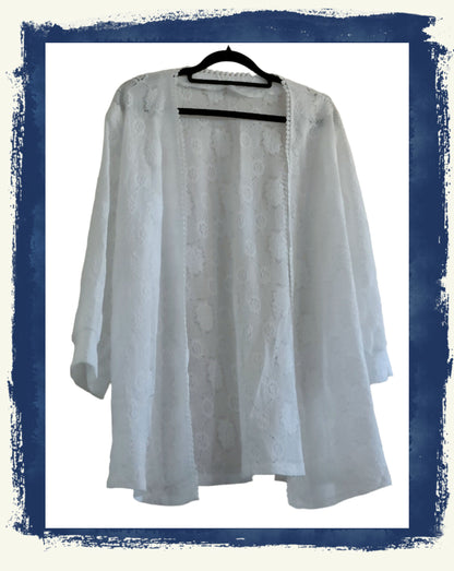 White Floral Lace Open Front Cardigan with Dot Lace Trim