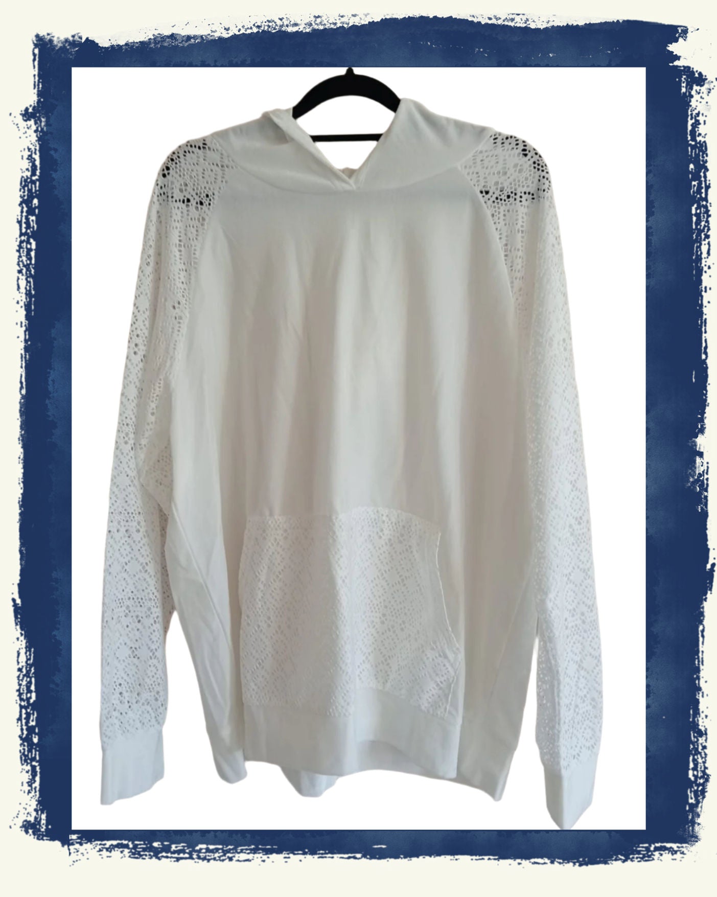 Cream Velvet Hoodie with Lace Sleeves and Pocket