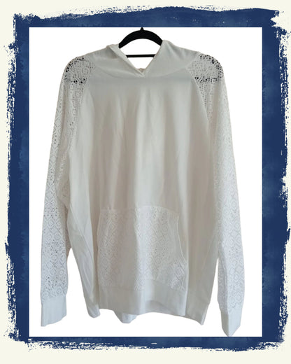 Cream Velvet Hoodie with Lace Sleeves and Pocket