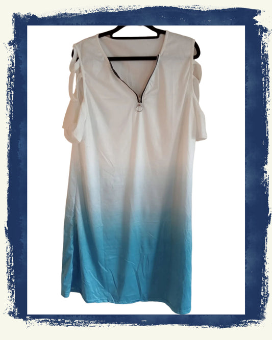 Blue/White Ombre Cold Shoulder Dress with Faux Zip Detail