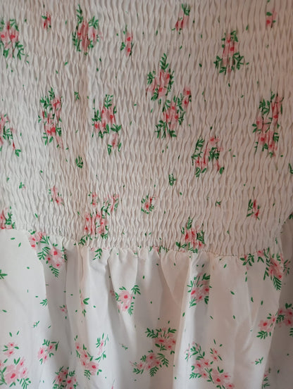 White Floral Dress with Shirred Bodice