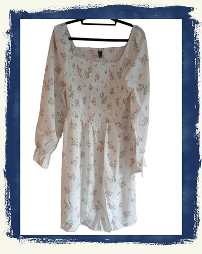 White Floral Dress with Shirred Bodice
