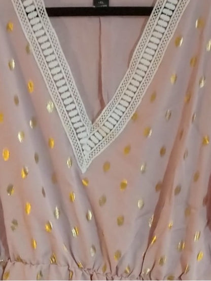 Tea Dress with Gold Dots and Lace Trim Neckline