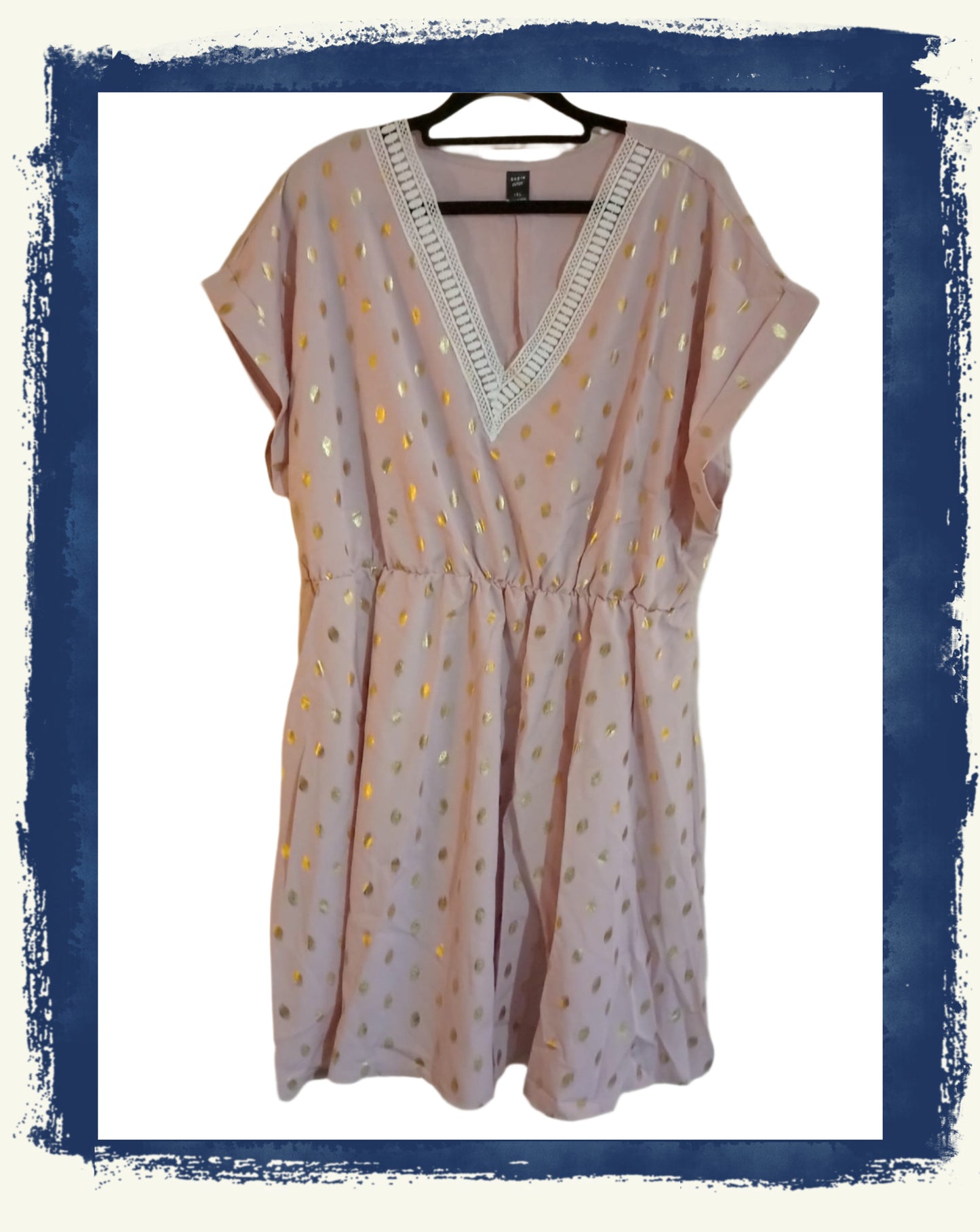 Tea Dress with Gold Dots and Lace Trim Neckline